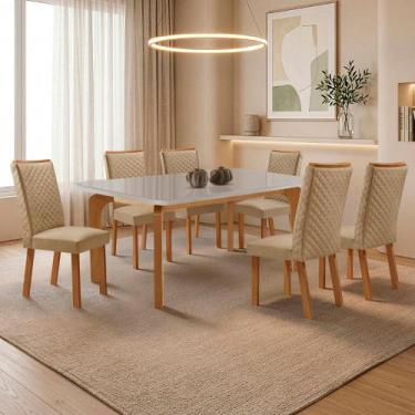 Imagem de Mesa de Jantar Liz 180cm Tampo MDF Vidro Canto Copo com 6 Cadeiras Lir