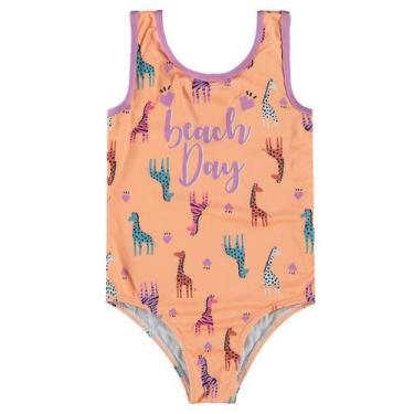 Imagem de Maiô Infantil Menina Praia e Piscina com Proteção UV50 Laranja Girafas