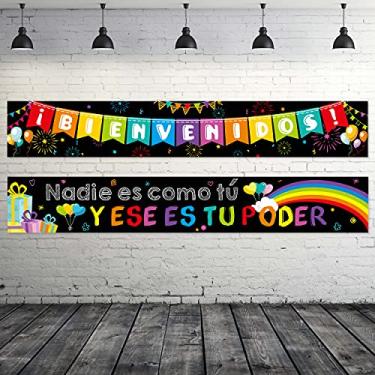 Imagem de Blulu 2 peças placa Bienvenidos bandeira espanhola de boas-vindas pôster inspirador espanhol primeiro dia de escola faixa motivacional com 40 pontos adesivos para decoração de parede de sala de aula