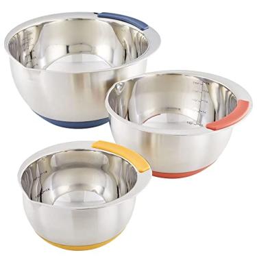 Imagem de Ayesha Curry Kitchenware Pantryware Conjunto de tigelas de aço inoxidável, 3 peças, prata com alças coloridas