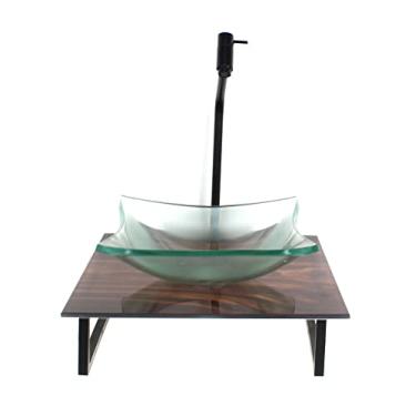 Imagem de KIT CUBA DE VIDRO QUADRADA 10MM INCOLOR COM TAMPO DE VIDRO 40CM X 40CM MADEIRA NOGUEIRA E SUPORTE PRETO