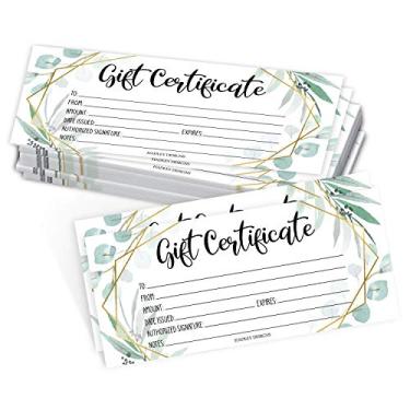 Imagem de 25 certificados geométricos de presente em branco para pequenas empresas, voucher de papel para massagem, salão de cabelo e unhas, spa, restaurantes e cartões de cupom DIY para aniversário, dia dos namorados, dia das mães, ele e ela, 10 x 23 cm