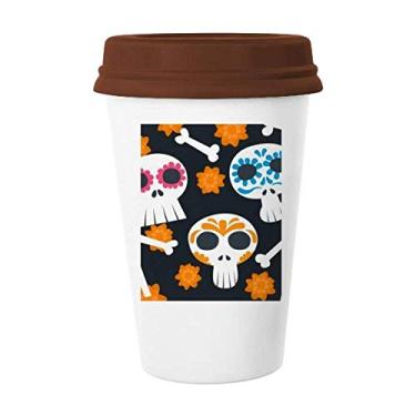 Imagem de Caneca de cerâmica com ilustração de flor de caveira Ossos da cultura do México Caneca de café bebendo vidro cerâmica copo tampa