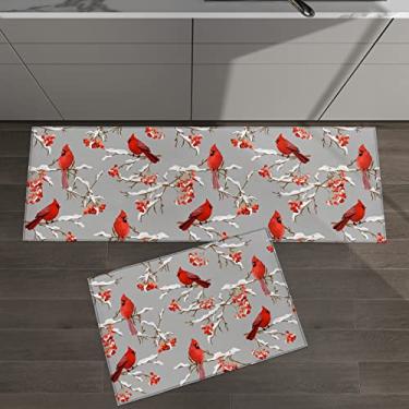 Imagem de Conjunto de 2 tapetes de cozinha pássaros de Natal Robin pássaro vermelho em galhos bagas cinza inverno para tapetes e tapetes acolchoados antiderrapante absorvente corredor confortável tapete de pé