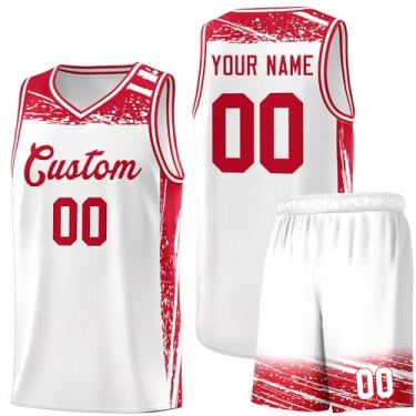Imagem de Camisa masculina personalizada de basquete juvenil uniforme de treino uniforme impresso personalizado nome do time logotipo número, Vermelho e branco - 17, One Size