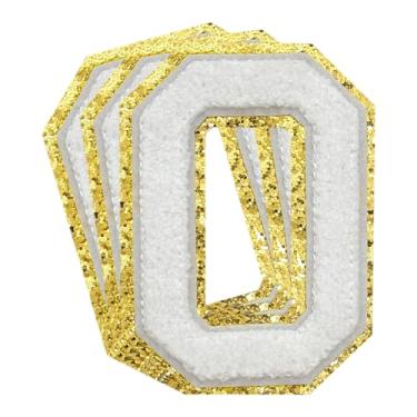 Imagem de 3 peças patch de número de chenille remendos dourados com glitter de ferro em remendos universitários remendos bordados de chenille remendos costurados para roupas chapéu bolsas jaquetas camisa (ouro, 0)