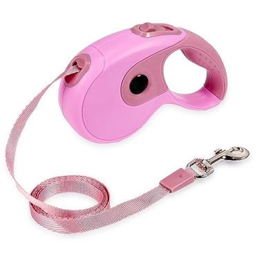 Imagem de JAMISAY Coleira retrátil para cães, 2,8 m, coleira para passear para cães pequenos e médios de até 20,4 kg, freio com uma mão, pausa, trava, fita de nylon sem embaraço, alça antiderrapante, rosa 3M