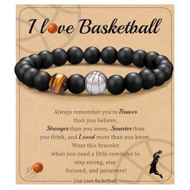 Imagem de Futebol Beisebol Basquete Presentes de Futebol Masculino Pulseiras com Contas Natural Olho de Tigre Pulseira Masculina Aniversário Presentes de Formatura para Filho Neto Bônus Filho Namorado Irmão,