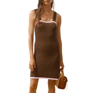 Imagem de Saodimallsu Minivestido feminino de malha colado ao corpo 2024 verão sem mangas gola quadrada suéter vestido curto, Marrom, M