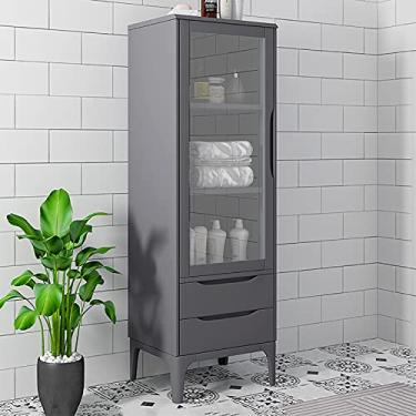 Imagem de Armário de banheiro independente para casa moderna, armário de armazenamento de entrada de madeira com portas, 2 gavetas, para banheiro, sala de estar, cozinha, cinza