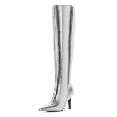 Imagem de Easyfox Botas de cano alto femininas bico fino botas altas 3 polegadas stiletto salto alto botas compridas zíper lateral botas de cano alto, Prata, 7