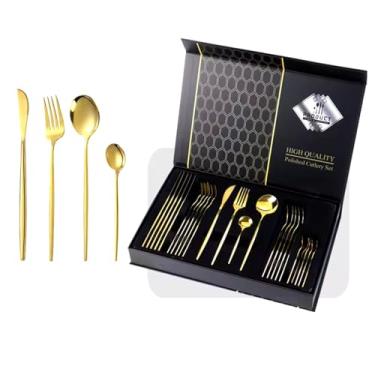 Imagem de Faqueiro Aço Inox 24 Peças Dourado Talheres Design Europeu