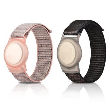 Imagem de Pacote com 2 pulseiras infantis para AirTag, pulseira de relógio de nylon, suporte para rastreador GPS, capa protetora compatível com Apple Air Tag, pulseira antiperda ajustável para bebês e crianças idosos (preto + rosa escuro)