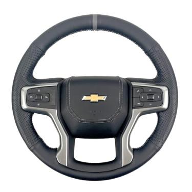 Imagem de Capa para volante costurada à mão couro perfurado preto/faixa marcador cinza acessórios de proteção interior para Chevrolet Silverado 1500 2019-2021 2500HD 3500HD/ Chevy Suburban 2020-2022