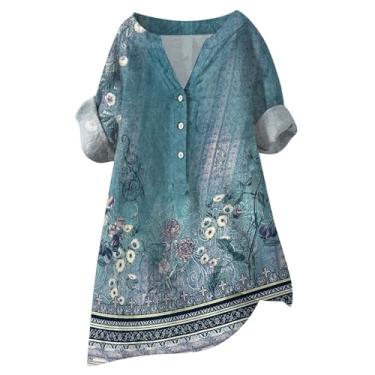 Imagem de Camisetas femininas de botão com manga de cotovelo e estampa floral retrô para o verão, modernas, elegantes, casuais, soltas, Azul-celeste, M