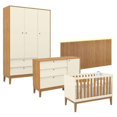 Imagem de Quarto de Bebê Unique 3 Portas com Cômoda Sapateira e Painel Ripado com Led Off White Freijó Eco Wood - Matic
