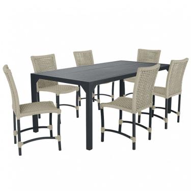 Imagem de Conjunto 6 Cadeiras Cannes Corda Náutica e Mesa Retangular Ripada 2,00m em Alumínio para Edícula, Jardim, Área, Varanda, Cozinha - Pintura Preto