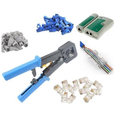 Imagem de UbiGear® Kits de ferramentas de rede de passagem profissional testador de cabo de rede/telefone + crimpador de crimpagem RJ11/RJ12/RJ45 + 50 RJ45 CAT5e plugues de conector de passagem botas kits de ferramentas de rede (PassThrough)