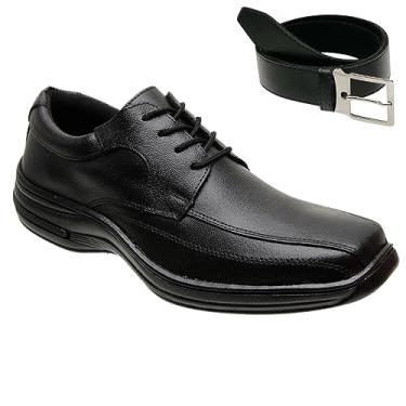 Imagem de Sapatos Social Couro Bico Quadrado De Amarrar + Cinto Masculino Cor:Preto;Tamanho:46;Gênero:Masculino