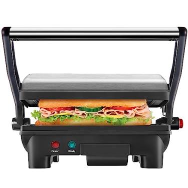 Imagem de Chefman Panini elétrico Press Grill e máquina de sanduíche gourmet com placas revestidas antiaderentes, abre 180 graus para se ajustar a qualquer tipo ou tamanho de alimento, bandeja de gotejamento removível segura para lava-louças, aço inoxidável/pr