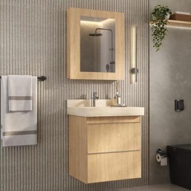 Imagem de Conjunto para Banheiro Lavatório em Porcelanato com Cuba Esculpida, Gabinete Liso e Espelheira 60cm Wood/Travertino