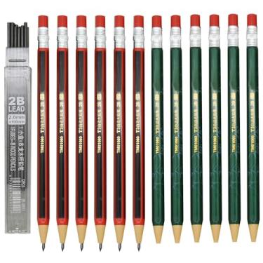 Imagem de Maydahui Lapiseira com apontador de 12 peças, novidade, lapiseira não apontadora, com 12 recargas de grafite 2B, madeira clássica de simulação de plástico com mastro vermelho e verde para desenho