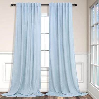 Imagem de Cortinas azul-claro 246 cm de comprimento para sala de estar, aba traseira, filtro de luz de linho, decoração costeira moderna, decoração costeira, azul bebê, algodão, texturizada, cortinas de gaze