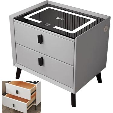 Imagem de Mesa de cabeceira inteligente, mesa de cabeceira moderna com 2 gavetas, com luzes LED ajustáveis, portas USB, estação de carregamento sem fio, laranja, 40 cm/15,7 pol.