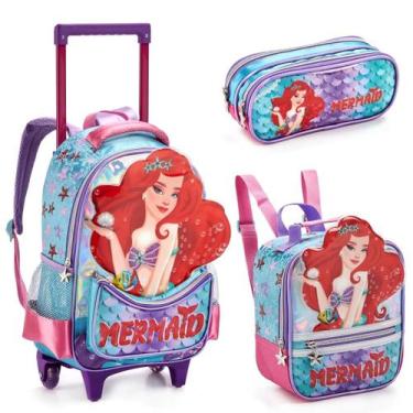 Imagem de Kit Mochila Rodinha Infantil Escola Meninas Mermaid Denlex , Vermelho