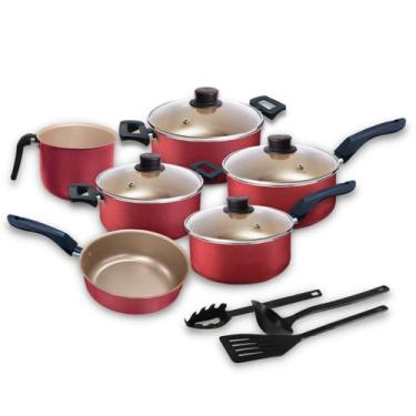 Imagem de Jogo de Panelas 09 Peças Cereja Antiaderente c/ Tampa de Vidro + Utens