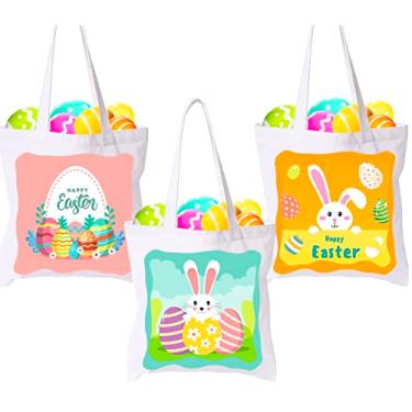 Imagem de HEYTUYA Pacote com 3 sacolas grandes de lona de Páscoa com alças, cesta de Páscoa feliz ovo coelho bolsa de presente para crianças, bolsa de truques, suprimentos de lembrancinha de festa infantil