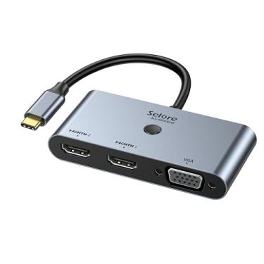 Imagem de Estação de ancoragem USB C Selore com 3 monitores, adaptador USB C para VGA duplo HDMI com interruptor multi-tela de um toque e botão liga/desliga de tela, conversor divisor HDMI para Dell, HP,