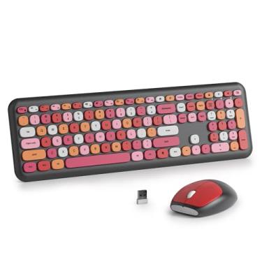 Imagem de iRoboosta Conjunto de teclado e mouse sem fio colorido vermelho 2,4 GHz, batom de máquina de escrever retrô, teclado estético de tamanho completo com teclado numérico, teclados silenciosos para casa e