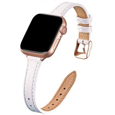 Imagem de STIROLL Pulseira fina de couro compatível com Apple Watch Ultra, SE séries 11, 10, 9, 8, 7, 6, 5 e 42 mm de 49 mm, 46 mm, 45 mm, 44 mm e 42 mm (ouro rosa branca)