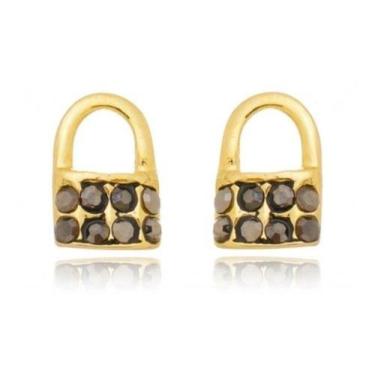 Imagem de Brinco Pedra Hematita Cadeado Pequeno 2 3 Furo Folheado Ouro - De Cast