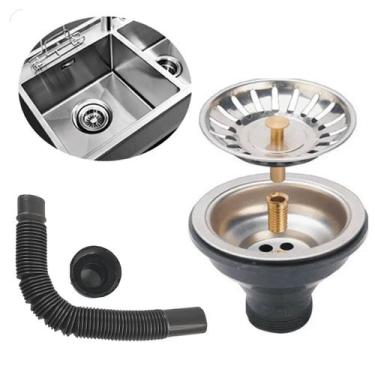 Imagem de Válvula Ralo Dreno E Sifão Sanfonado De Pia 10x10 Tubo Cesto Cozinha -