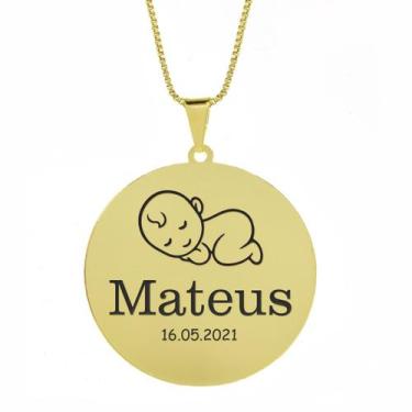 Imagem de Gargantilha Pingente Redondo Personalizado Nome Mateus Banhado Ouro 18