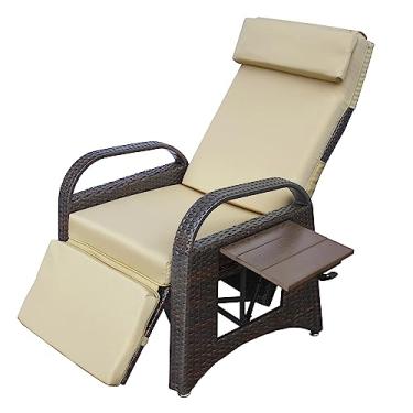 Imagem de Skypatio Cadeira Reclinável de Vime ao Ar Livre com Mesa Lateral, Encosto Ajustável, Cadeira Reclinável de Pátio para Todos os Climates, Almofada Confortável (Cáqui)