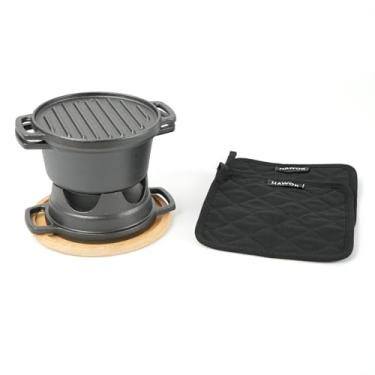 Imagem de HAWOK Conjunto de fogão de 6 peças, fogão a carvão de ferro fundido potável com forno holandês de 1 litro, com tampa multiuso, bandeja de buffet de cinco pernas, conjunto de mini fogão para churrasco