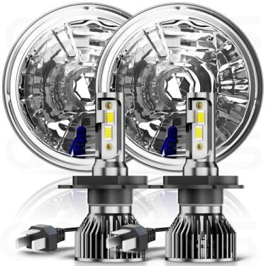 Imagem de Para Chevy C10 K10 K20 1975-1980 Par de feixe redondo de 17,8 cm, farol alto / lo redondo, 17,78 cm, cristal transparente, semivedado, alojamento de lente de vidro + lâmpadas de LED H4, branco frio