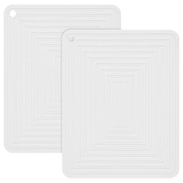 Imagem de Tapete de trivet de silicone branco para panelas e frigideiras, conjunto de 2 tapetes de porta-copos resistentes ao calor, almofadas flexíveis para mesa de cozinha, tapetes quentes antiderrapantes, colocações resistentes ao calor, grandes descansos retangulares G: branco