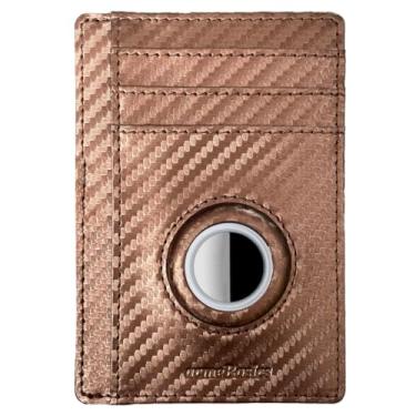 Imagem de Acme Basics Porta-cartões minimalista com porta-AirTag embutido, carteira de couro fina com bloqueio de RFID para homens e mulheres, Marrom, Cartões de 2 lados com suporte para AirTag