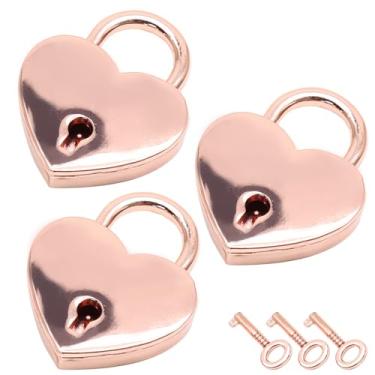 Imagem de PHITUODA 3 peças mini cadeado em forma de coração, cadeado de metal com chave para diário, caixa de armazenamento de joias, bolsa de mão (ouro rosa)