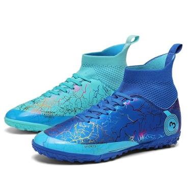 Imagem de DISRATEBLU Sapatos de futebol para crianças, meninos, meninas, tênis de treinamento de futebol juvenil, terreno firme, grama atlética, uso ao ar livre, tênis de futebol profissional, Azul/turquesa, 17