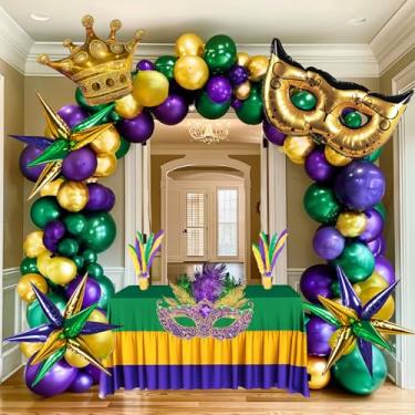 Imagem de Kit de arco de guirlanda de balões de carnaval, 130 peças, ouro verde roxo com balões de confete dourados, coroa de estrela de Mylar e balões de máscara de coroa para decorações de festa de
