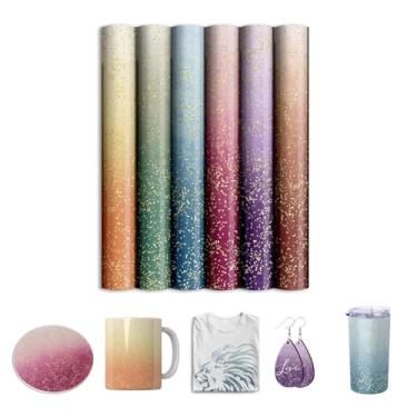 Imagem de Folhas de tinta de transferência de sublimação de glitter para máquina de prensa térmica Cricut, folhas ombré insolúveis para espaços em branco caneca copo camiseta sacola, 6 folhas 30,5 x 25,4 cm
