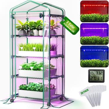 Imagem de PYY Mini Estufa Interna Com Luz De Cultivo - Pequeno Armário Portátil Para Estufa De Plantas Ao Ar Livre Com Rodas, Termômetro, Capa De Tenda De Pvc, 4 Kits De Led De 3 Cores Reguláveis De 2 Pés E 3