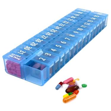 Imagem de Organizador mensal de comprimidos GG, caixa de armazenamento de medicamentos de 31 dias com tampa removível, compartimento extra para comprimidos adicionais, sem BPA (GG azul – 1 unidade)