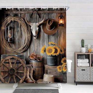 Imagem de Cortina de chuveiro caubói ocidental, cortina de banheiro rústica para porta de celeiro de fazenda, acessórios de banheiro de madeira de garagem marrom vintage country ranch tábua de madeira sudoeste
