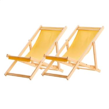 Imagem de Conjunto 2 Espreguiçadeiras Preguiçosa Dobrável sem Braço Madeira Maciça com Tecido Amarelo
